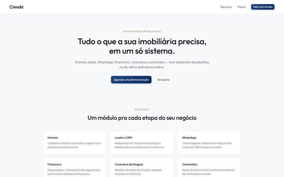 Tela inicial do sistema Cimobi, mostrando os módulos para imobiliárias